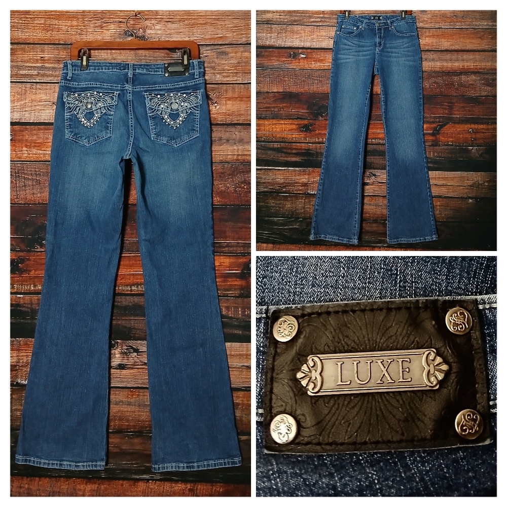 Tru Luxe Jeans 10 30 Boot Cut Mid Rise Embellished Rhinestone Blue Denim Stretch